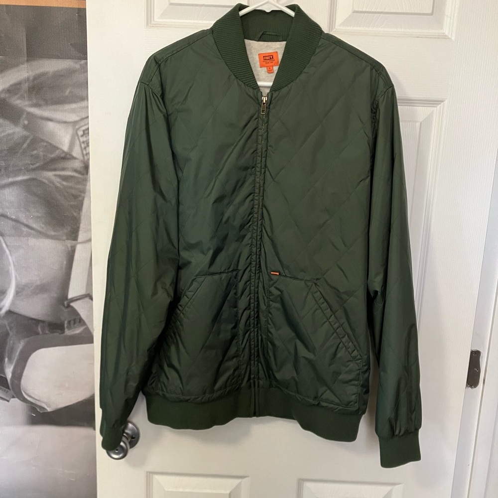 OBEY Quilted Bomber Jacket Mens Large L Dark Green Coat Lined